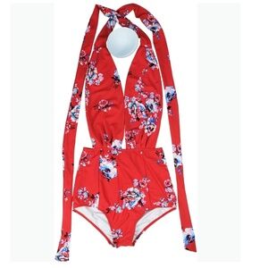 COCOSHIP Sexy Backless Floral One-Piece Swimsuit XL Halter Neck